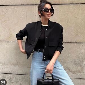 ZARA Black Cropped Bomber Jacket Snap Front Ribbed Trim Minimalist XS